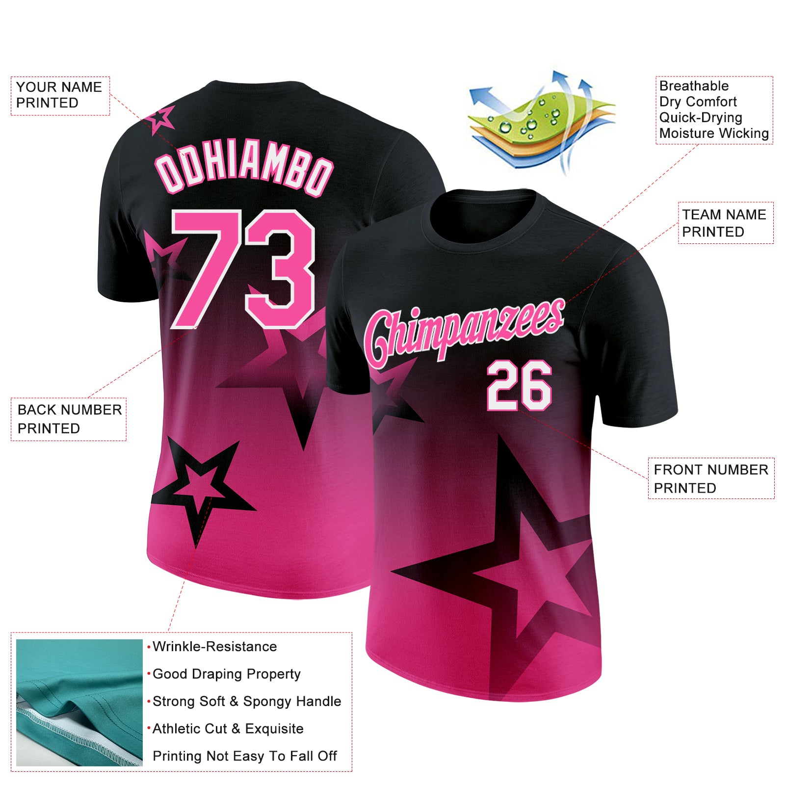 Custom Black Pink-White 3D Pattern Design Gradient Style Twinkle Star Performance T-Shirt