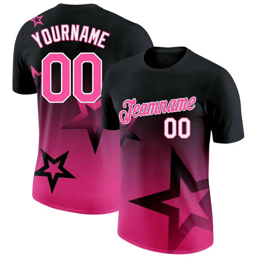 Custom Black Pink-White 3D Pattern Design Gradient Style Twinkle Star Performance T-Shirt