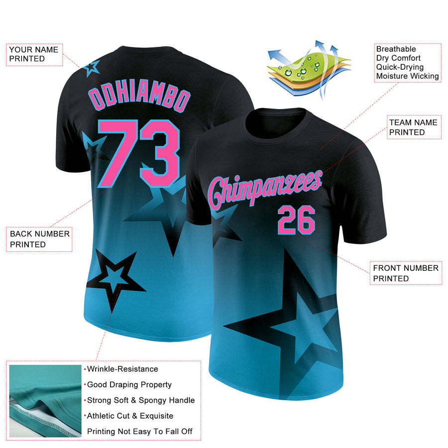 Custom Black Pink-Sky Blue 3D Pattern Design Gradient Style Twinkle Star Performance T-Shirt