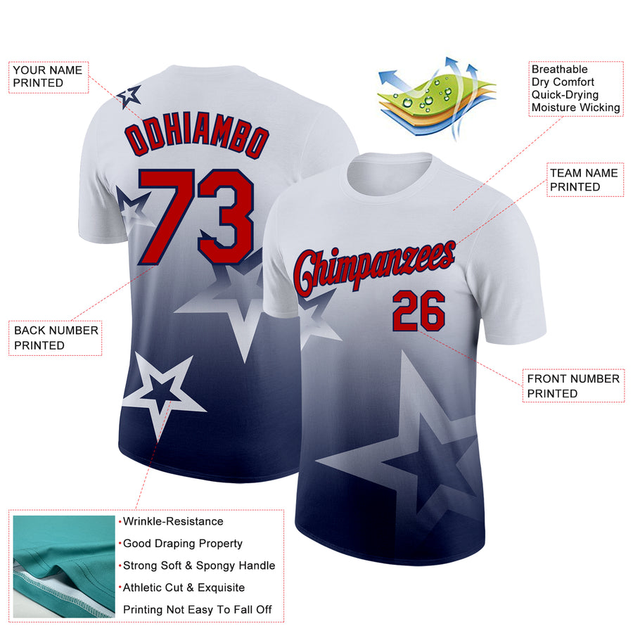 Custom White Red-Navy 3D Pattern Design Gradient Style Twinkle Star Performance T-Shirt