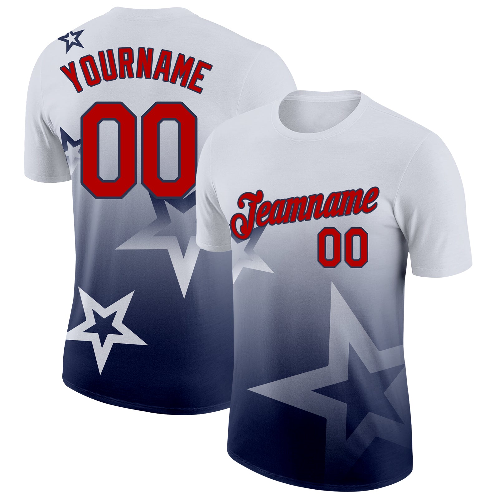 Custom White Red-Navy 3D Pattern Design Gradient Style Twinkle Star Performance T-Shirt
