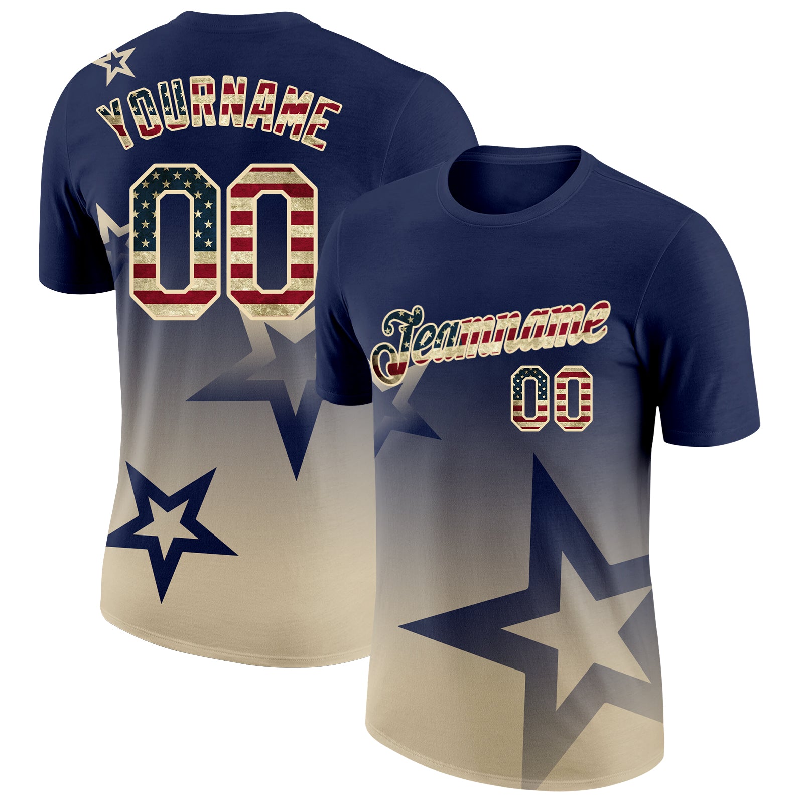 Custom Navy Vintage USA Flag-Cream 3D Pattern Design Gradient Style Twinkle Star Performance T-Shirt