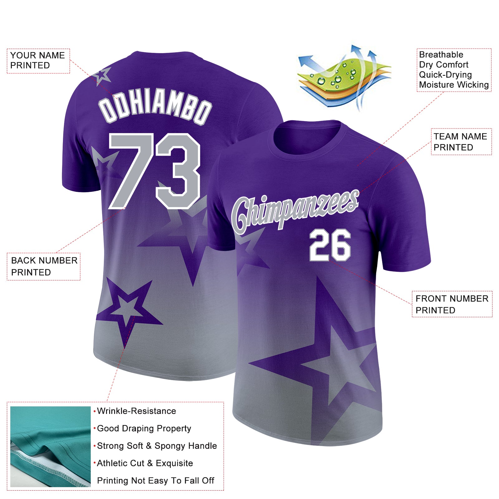 Custom Purple Gray-White 3D Pattern Design Gradient Style Twinkle Star Performance T-Shirt