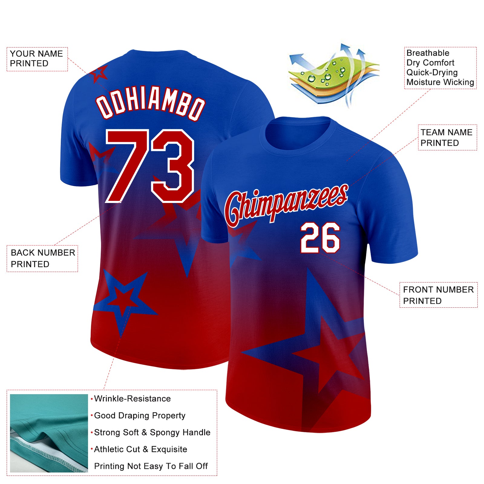 Custom Thunder Blue Red-White 3D Pattern Design Gradient Style Twinkle Star Performance T-Shirt