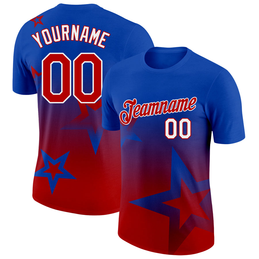Custom Thunder Blue Red-White 3D Pattern Design Gradient Style Twinkle Star Performance T-Shirt