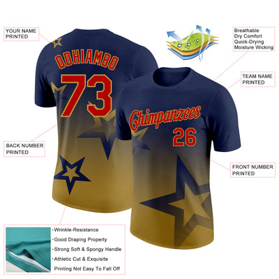 Custom Navy Red-Old Gold 3D Pattern Design Gradient Style Twinkle Star Performance T-Shirt