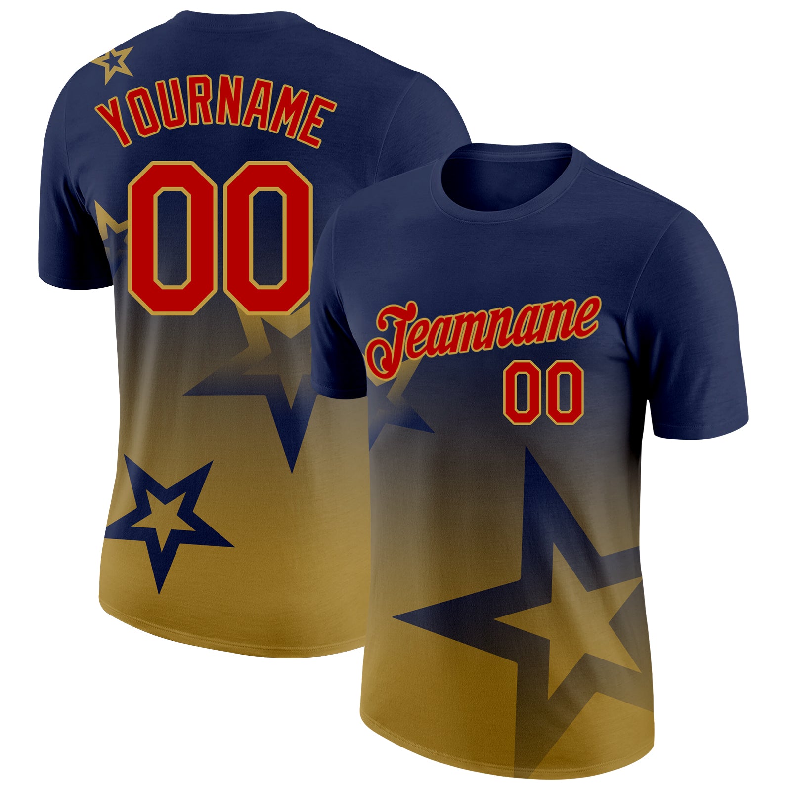 Custom Navy Red-Old Gold 3D Pattern Design Gradient Style Twinkle Star Performance T-Shirt