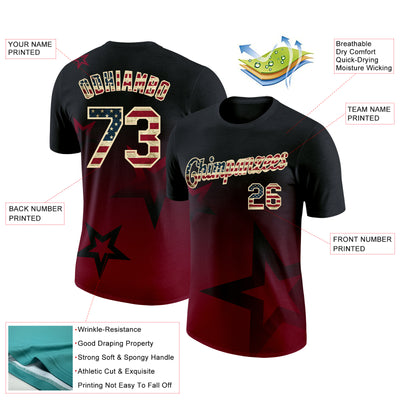 Custom Black Vintage USA Flag Crimson-Cream 3D Pattern Design Gradient Style Twinkle Star Performance T-Shirt