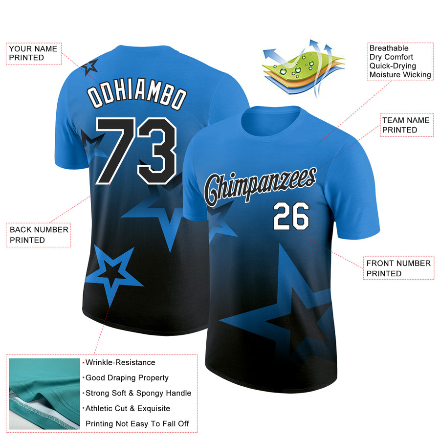 Custom Powder Blue Black-White 3D Pattern Design Gradient Style Twinkle Star Performance T-Shirt