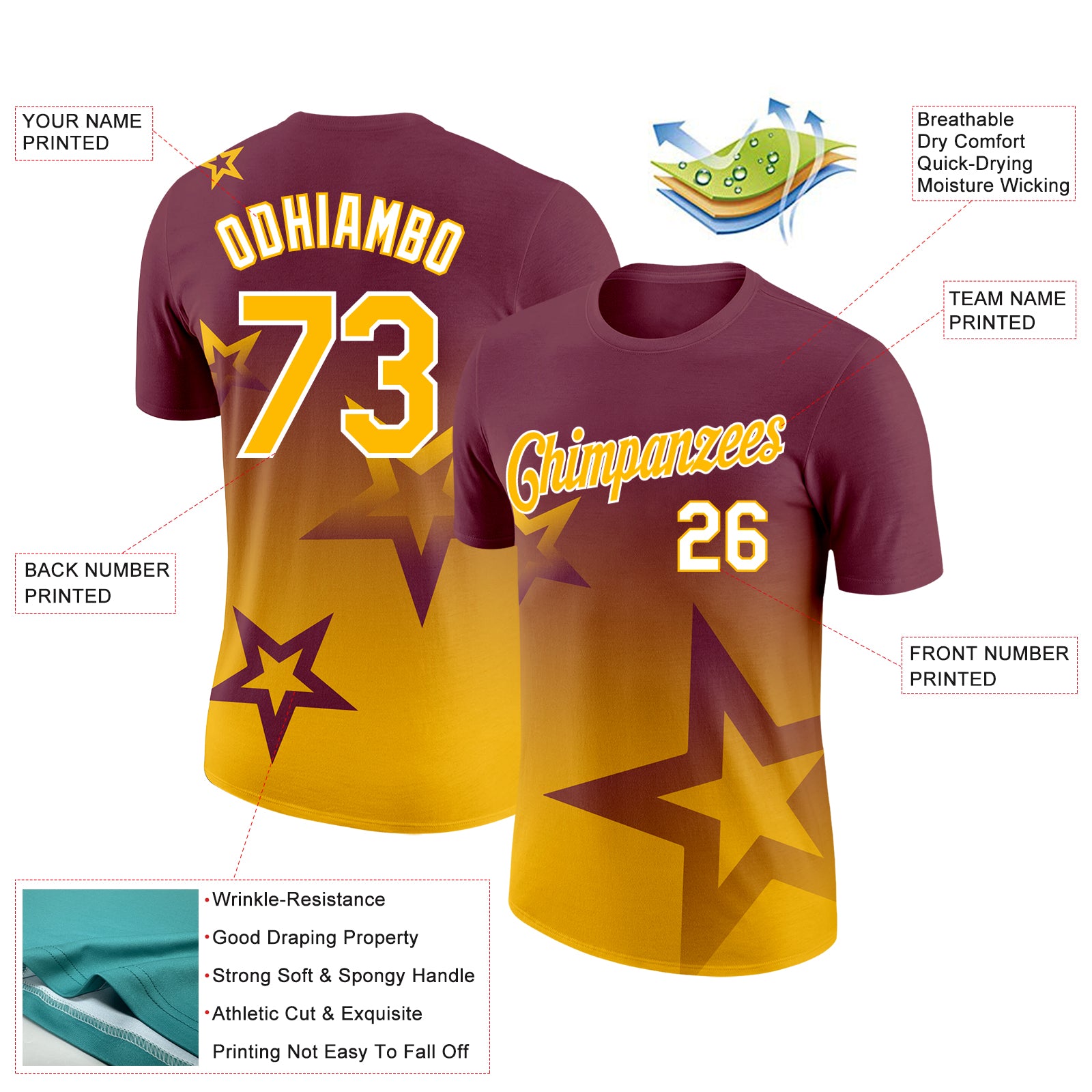 Custom Burgundy Gold-White 3D Pattern Design Gradient Style Twinkle Star Performance T-Shirt