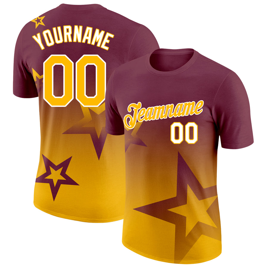 Custom Burgundy Gold-White 3D Pattern Design Gradient Style Twinkle Star Performance T-Shirt
