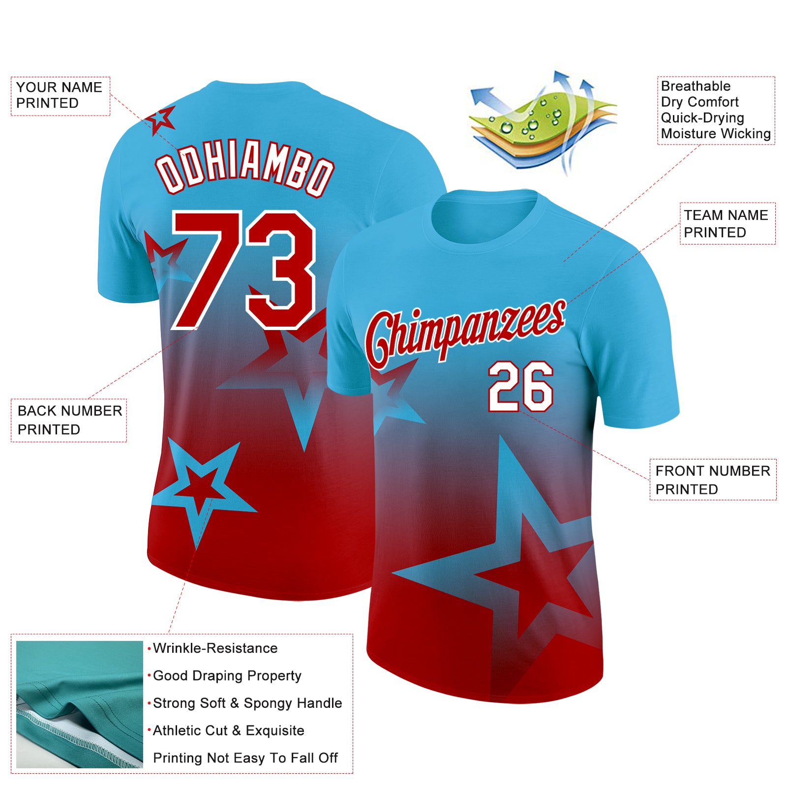 Custom Sky Blue Red-White 3D Pattern Design Gradient Style Twinkle Star Performance T-Shirt