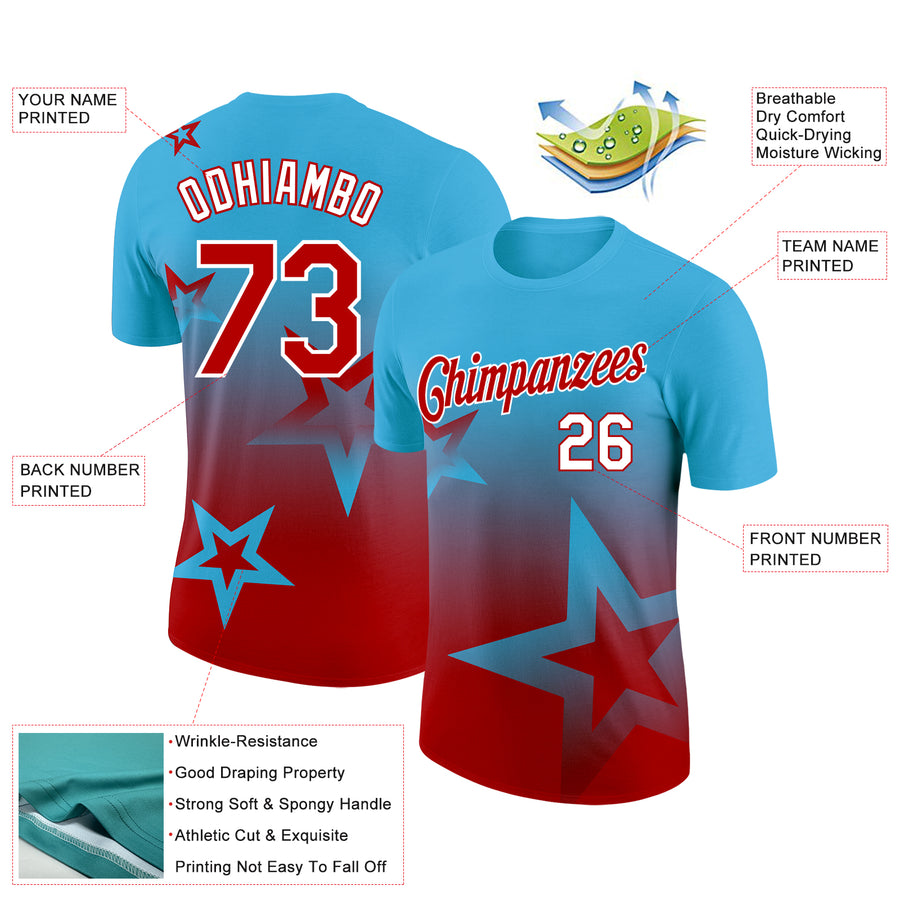 Custom Sky Blue Red-White 3D Pattern Design Gradient Style Twinkle Star Performance T-Shirt