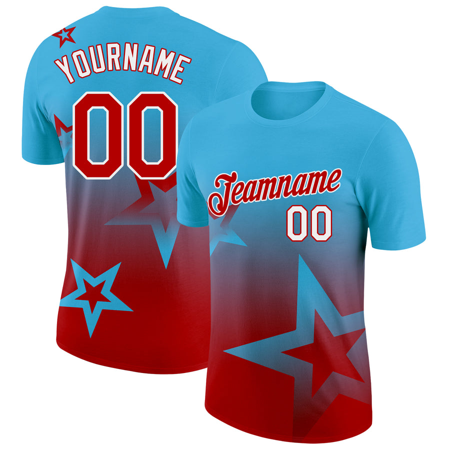 Custom Sky Blue Red-White 3D Pattern Design Gradient Style Twinkle Star Performance T-Shirt