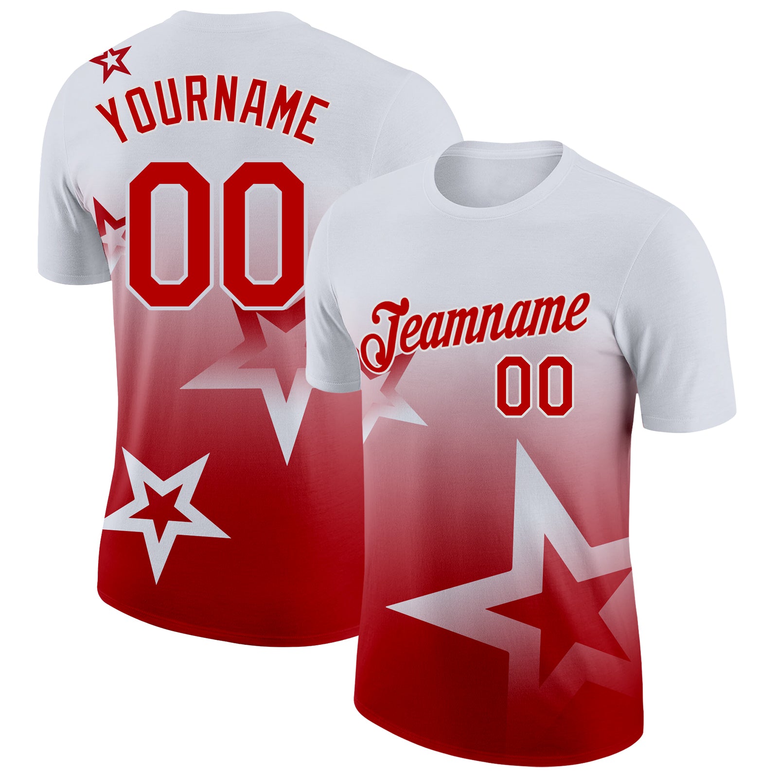 Custom White Red 3D Pattern Design Gradient Style Twinkle Star Performance T-Shirt