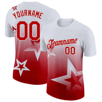 Custom White Red 3D Pattern Design Gradient Style Twinkle Star Performance T-Shirt