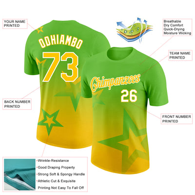 Custom Aurora Green Yellow-White 3D Pattern Design Gradient Style Twinkle Star Performance T-Shirt