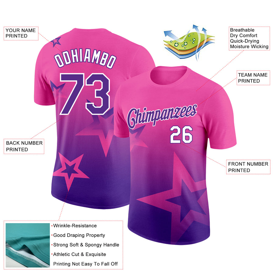 Custom Pink Purple-White 3D Pattern Design Gradient Style Twinkle Star Performance T-Shirt