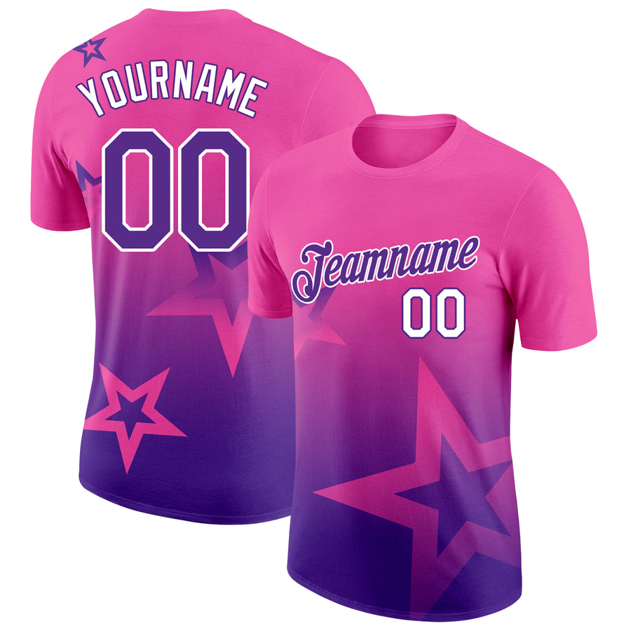 Custom Pink Purple-White 3D Pattern Design Gradient Style Twinkle Star Performance T-Shirt