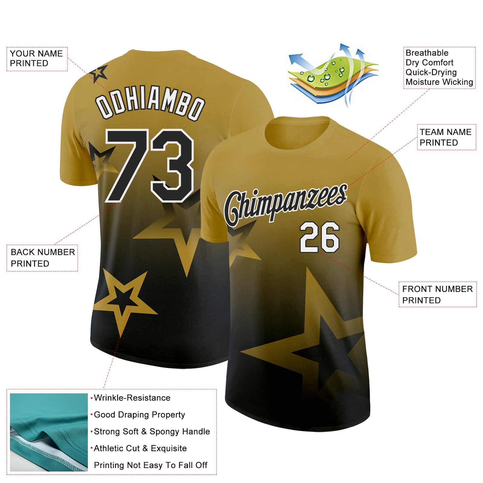 Custom Old Gold Black-White 3D Pattern Design Gradient Style Twinkle Star Performance T-Shirt