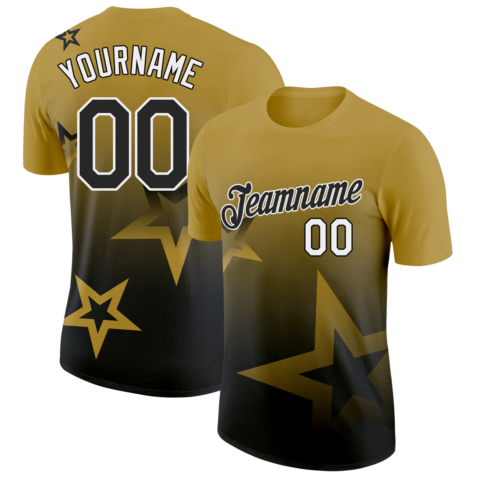 Custom Old Gold Black-White 3D Pattern Design Gradient Style Twinkle Star Performance T-Shirt