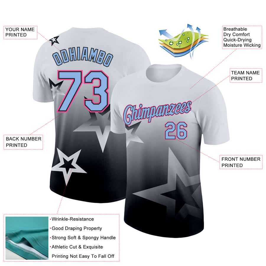 Custom White Light Blue Black-Pink 3D Pattern Design Gradient Style Twinkle Star Performance T-Shirt