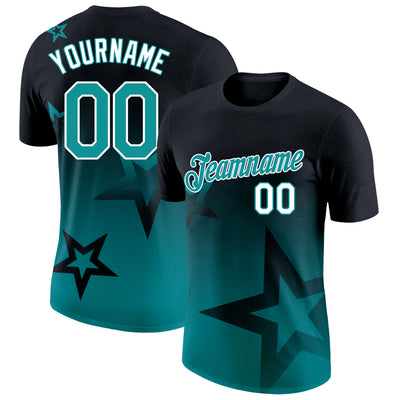 Custom Black Teal-White 3D Pattern Design Gradient Style Twinkle Star Performance T-Shirt