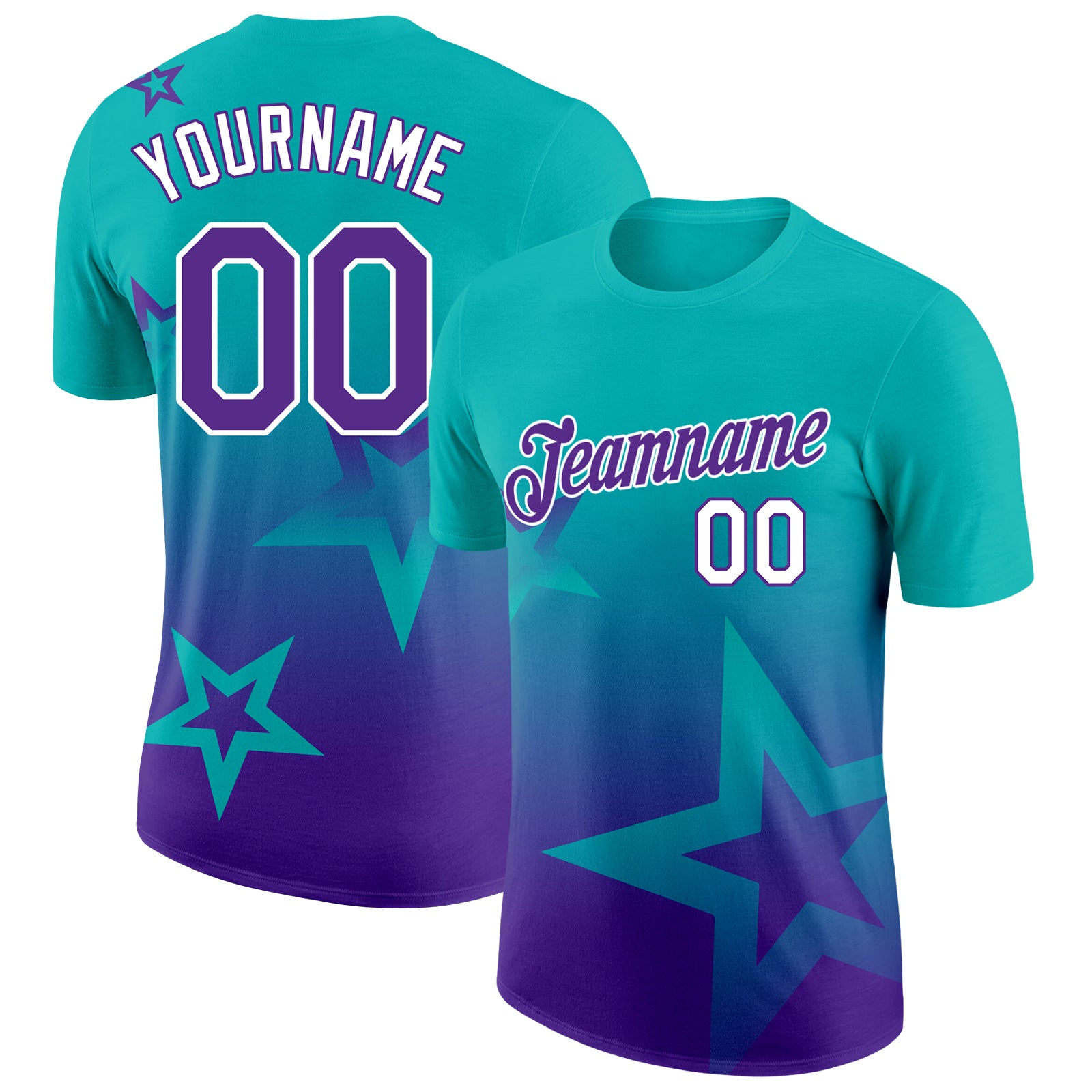Custom Aqua Purple-White 3D Pattern Design Gradient Style Twinkle Star Performance T-Shirt