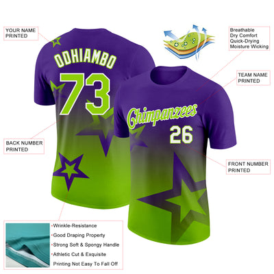 Custom Purple Neon Green-White 3D Pattern Design Gradient Style Twinkle Star Performance T-Shirt