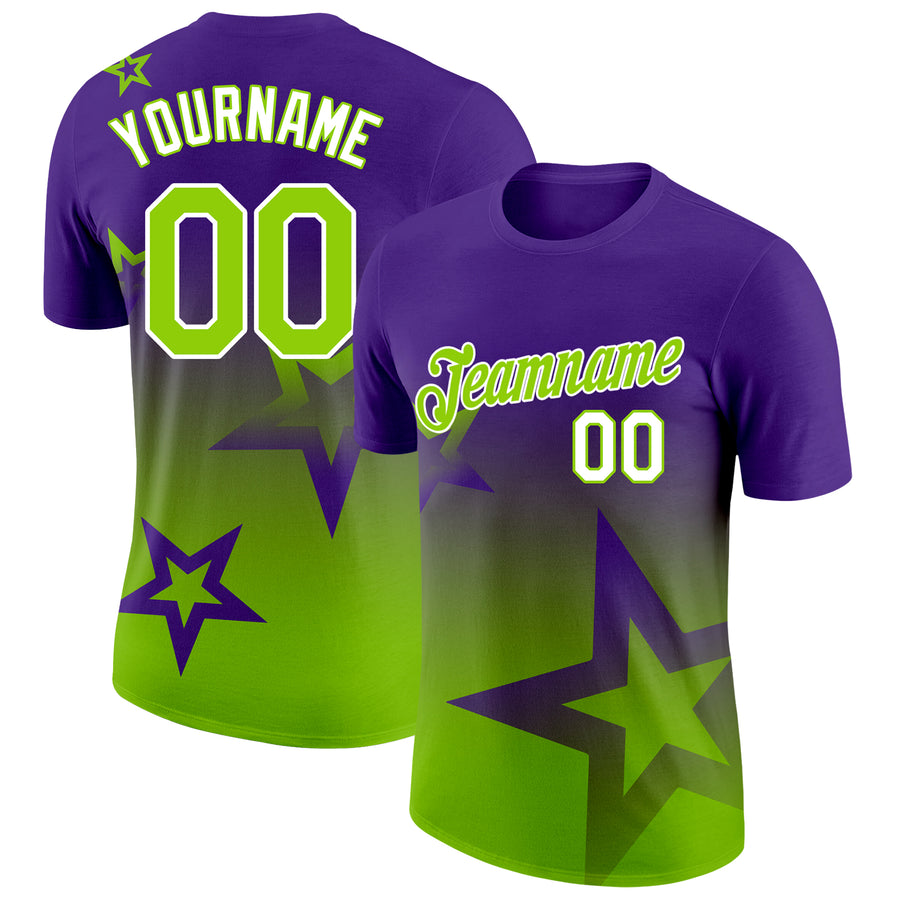 Custom Purple Neon Green-White 3D Pattern Design Gradient Style Twinkle Star Performance T-Shirt