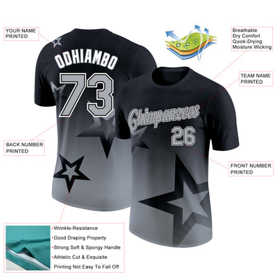 Custom Black Gray-White 3D Pattern Design Gradient Style Twinkle Star Performance T-Shirt