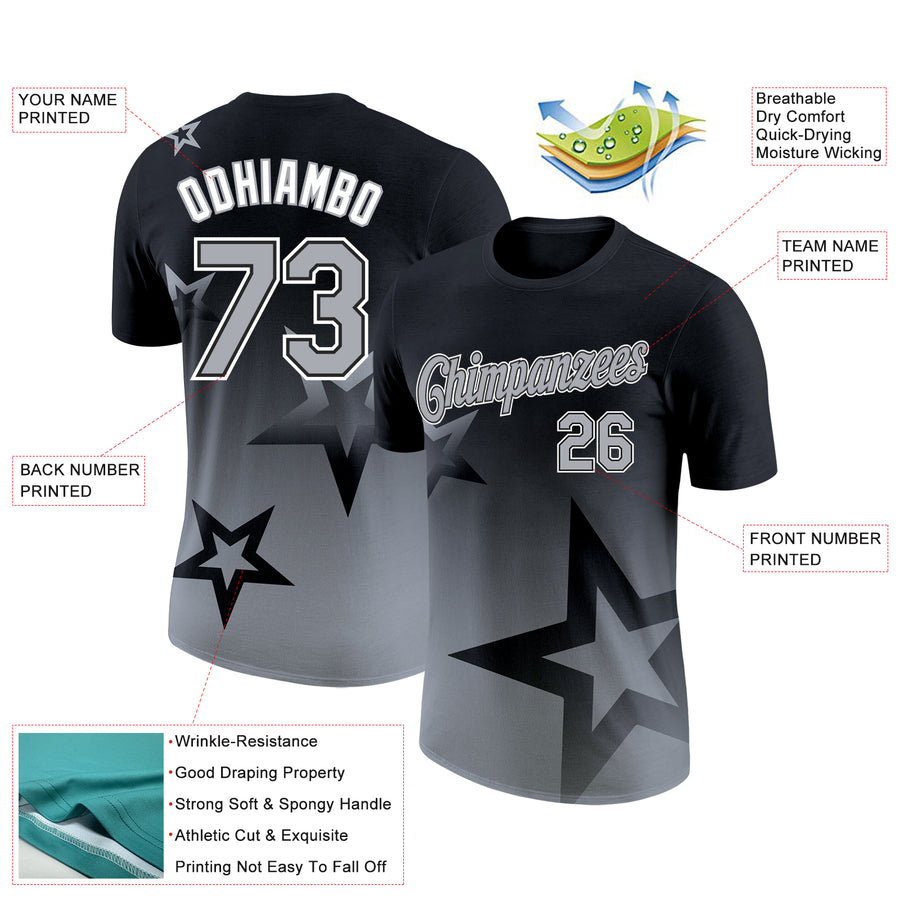 Custom Black Gray-White 3D Pattern Design Gradient Style Twinkle Star Performance T-Shirt