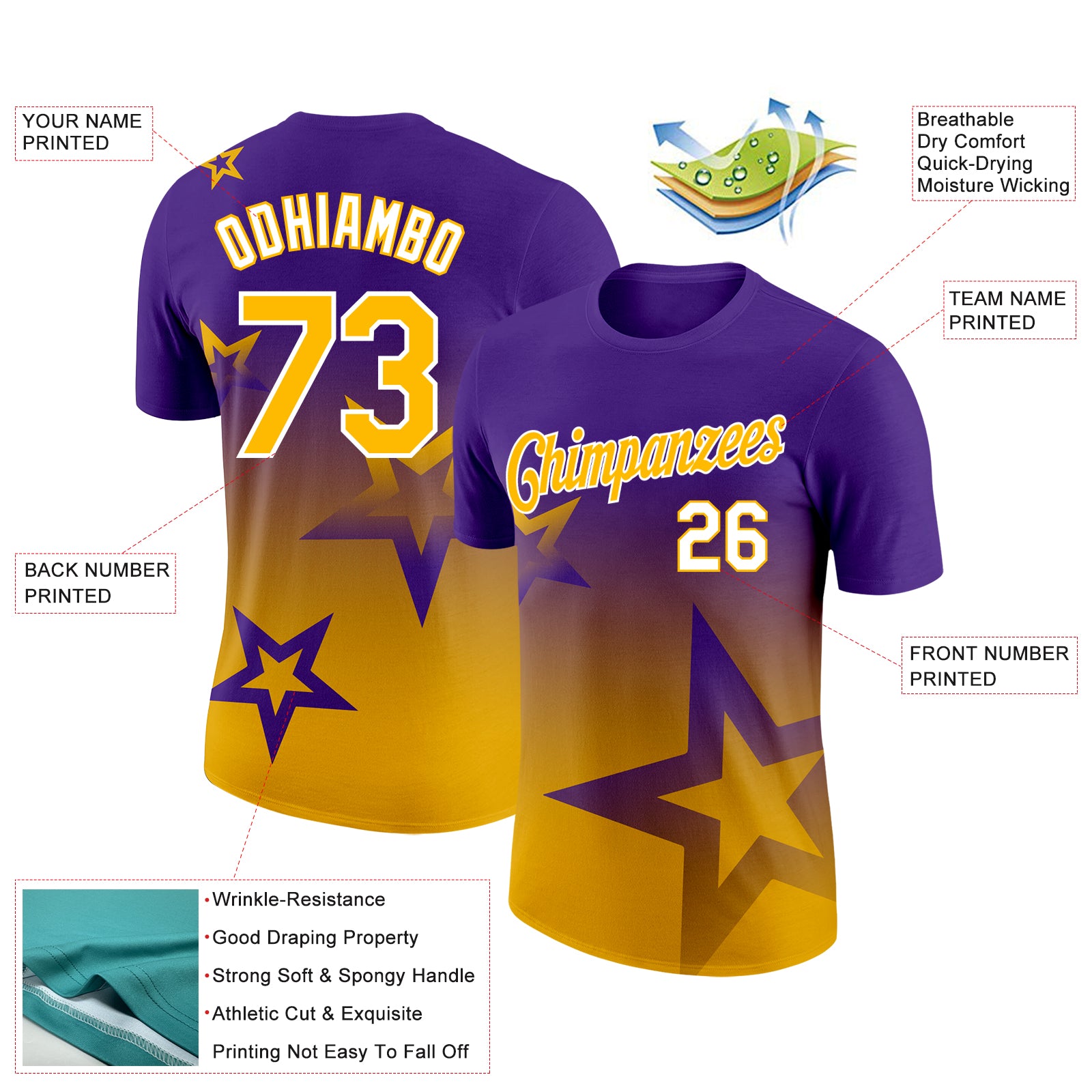 Custom Purple Gold-White 3D Pattern Design Gradient Style Twinkle Star Performance T-Shirt