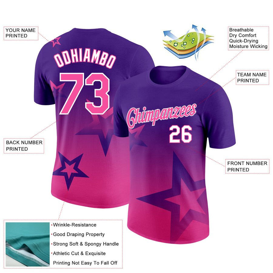 Custom Purple Pink-White 3D Pattern Design Gradient Style Twinkle Star Performance T-Shirt