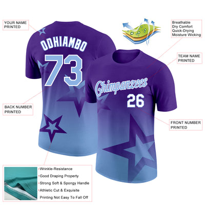 Custom Purple Light Blue-White 3D Pattern Design Gradient Style Twinkle Star Performance T-Shirt