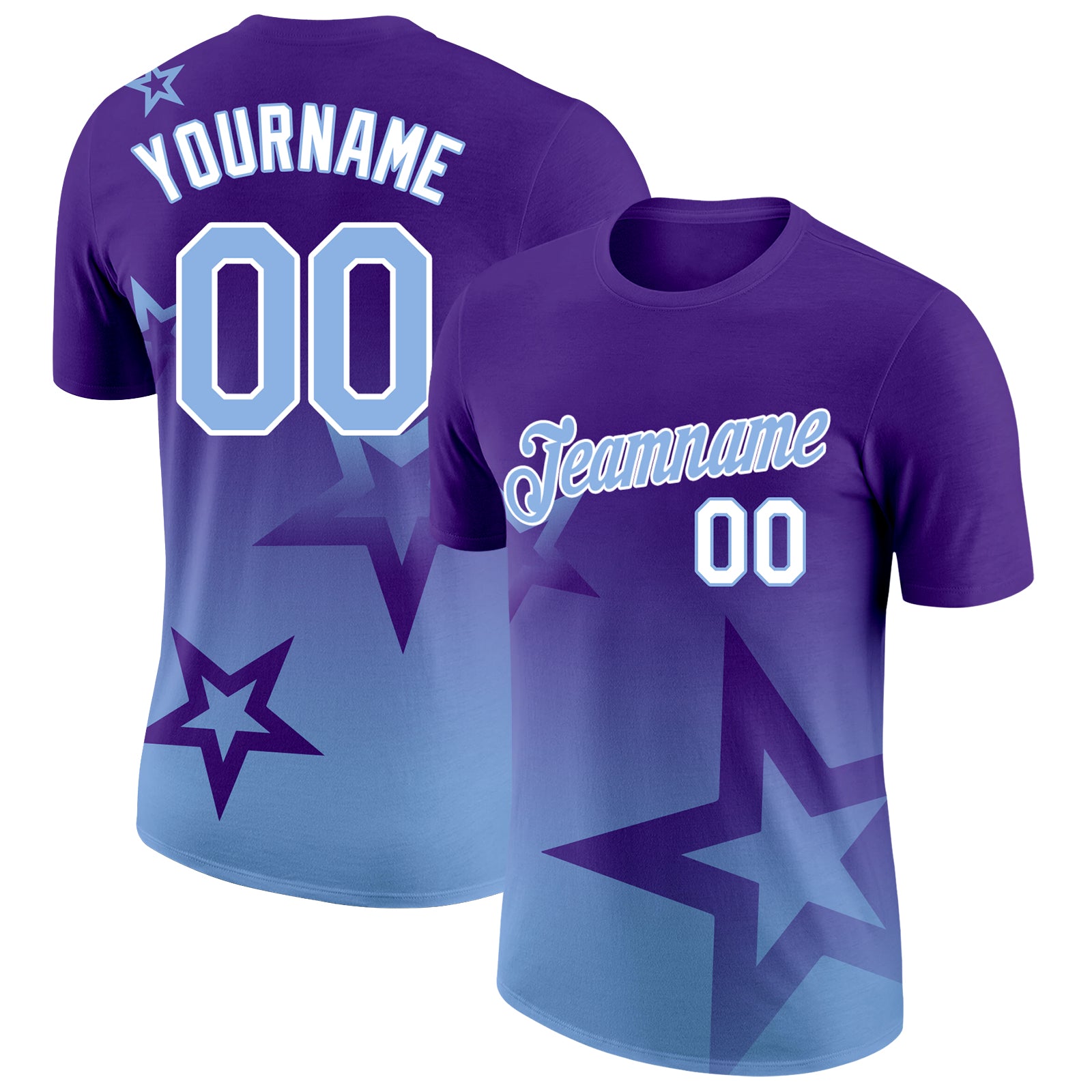 Custom Purple Light Blue-White 3D Pattern Design Gradient Style Twinkle Star Performance T-Shirt