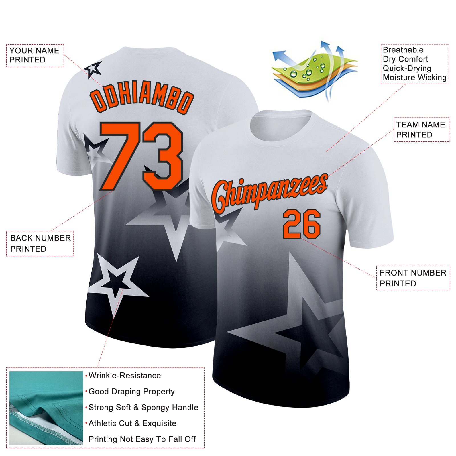Custom White Orange-Black 3D Pattern Design Gradient Style Twinkle Star Performance T-Shirt