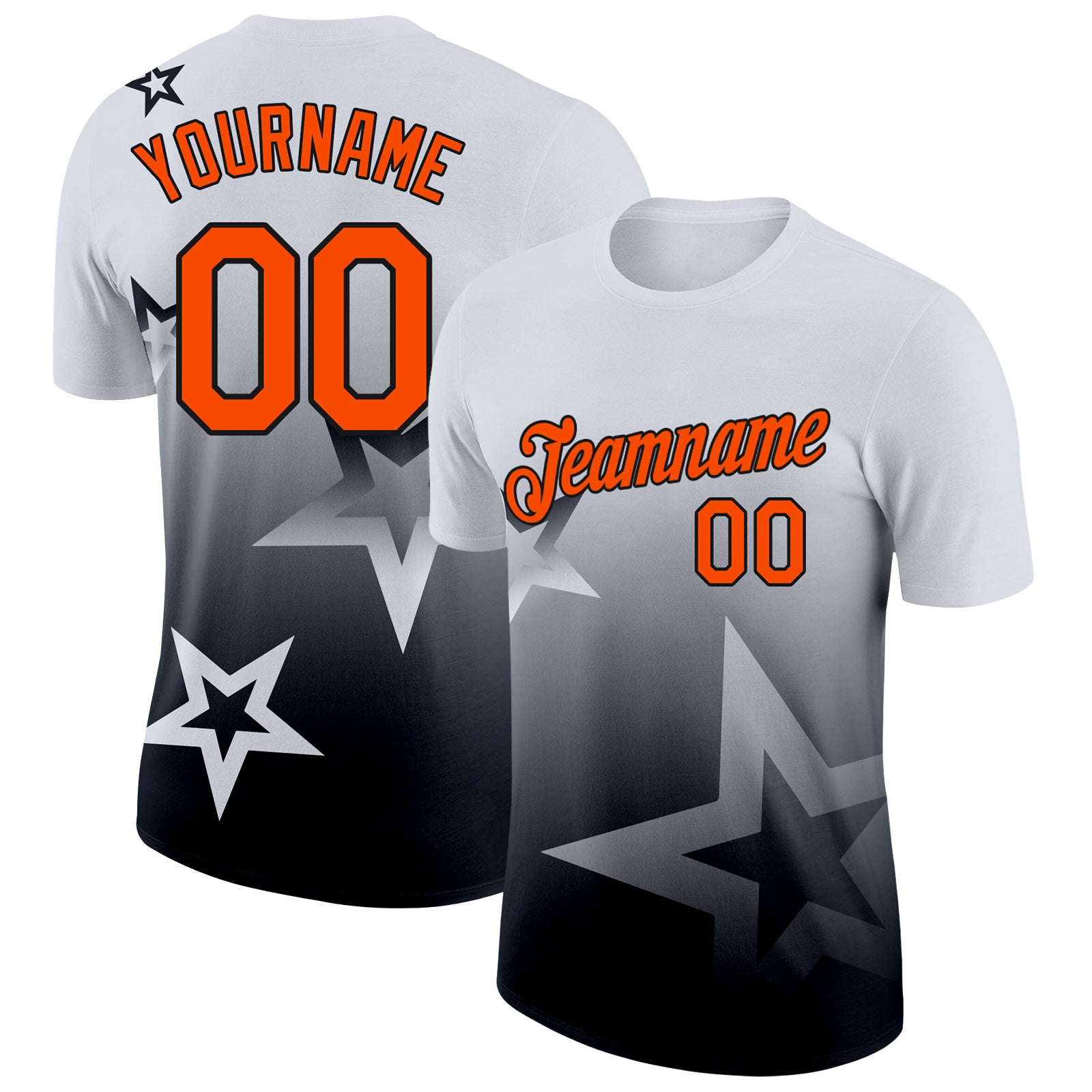 Custom White Orange-Black 3D Pattern Design Gradient Style Twinkle Star Performance T-Shirt
