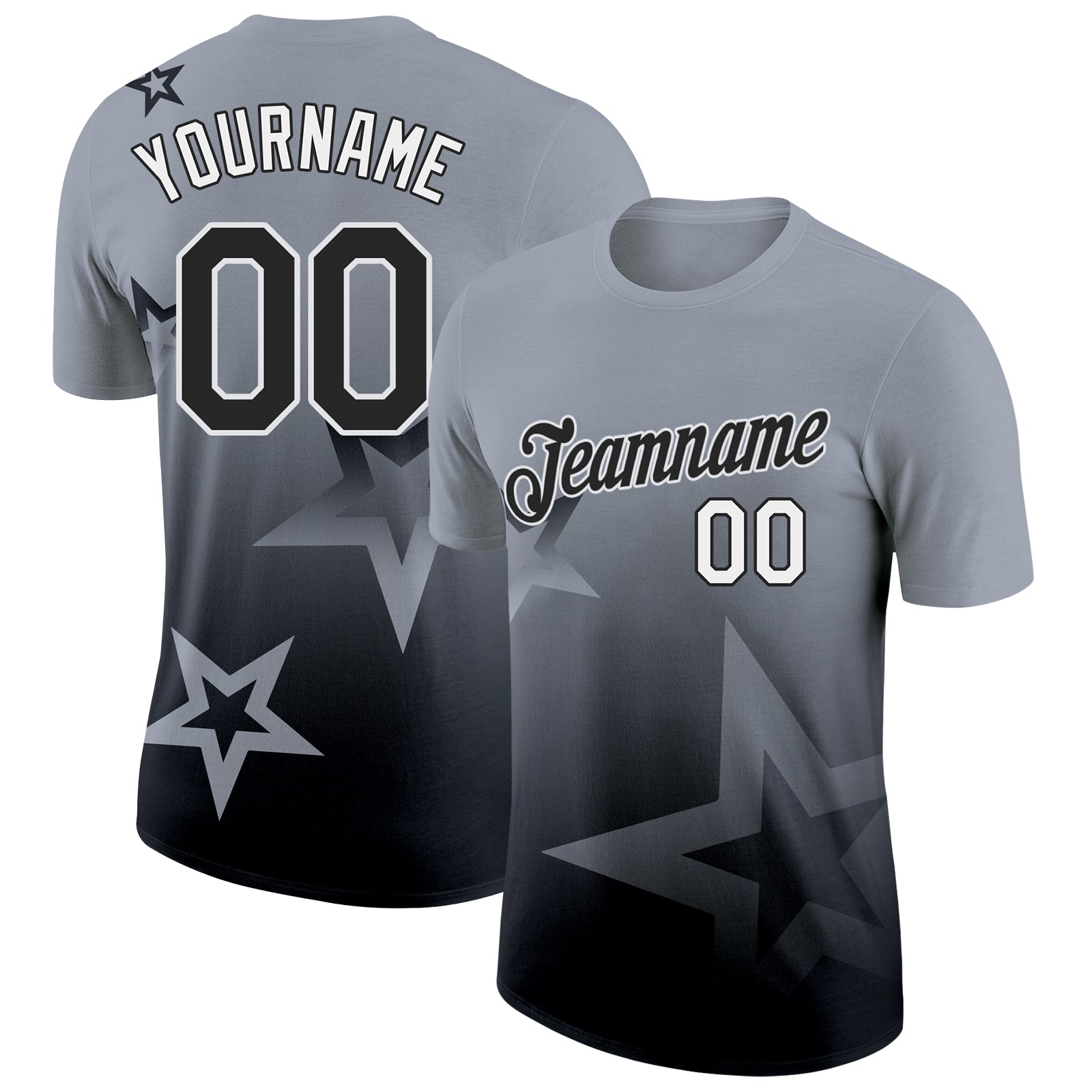Custom Gray Black-White 3D Pattern Design Gradient Style Twinkle Star Performance T-Shirt