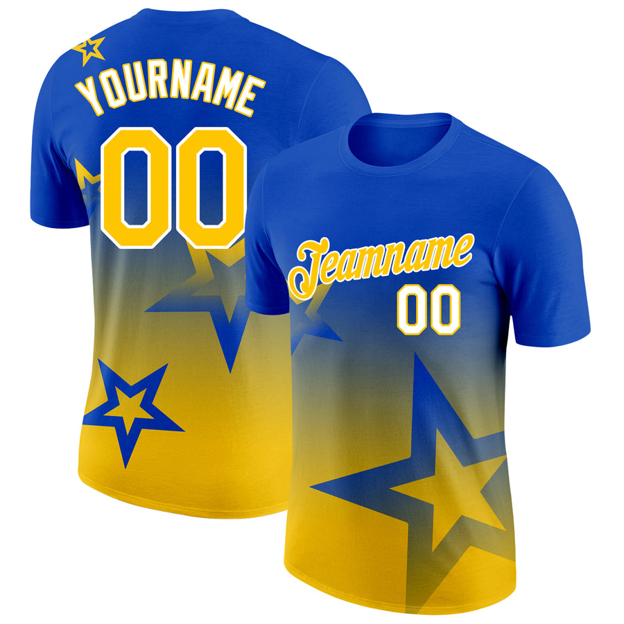 Custom Thunder Blue Yellow-White 3D Pattern Design Gradient Style Twinkle Star Performance T-Shirt
