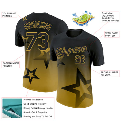 Custom Black Old Gold 3D Pattern Design Gradient Style Twinkle Star Performance T-Shirt