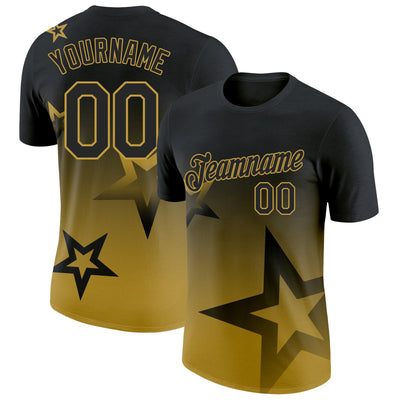 Custom Black Old Gold 3D Pattern Design Gradient Style Twinkle Star Performance T-Shirt