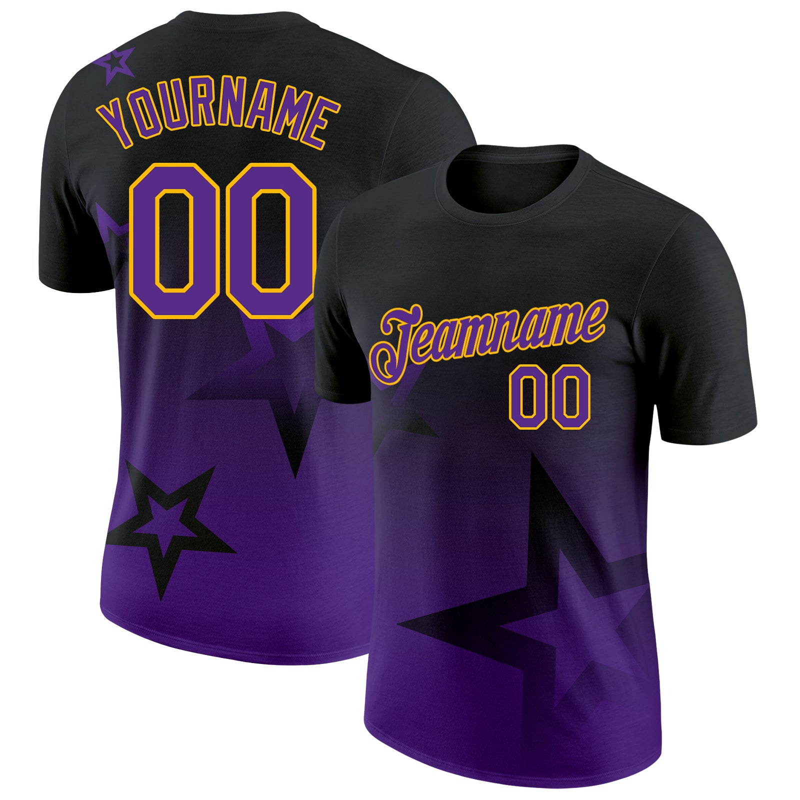 Custom Black Purple-Gold 3D Pattern Design Gradient Style Twinkle Star Performance T-Shirt