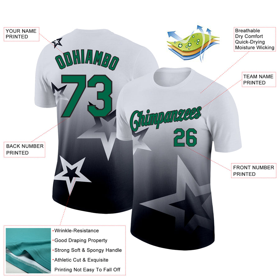 Custom White Kelly Green-Black 3D Pattern Design Gradient Style Twinkle Star Performance T-Shirt
