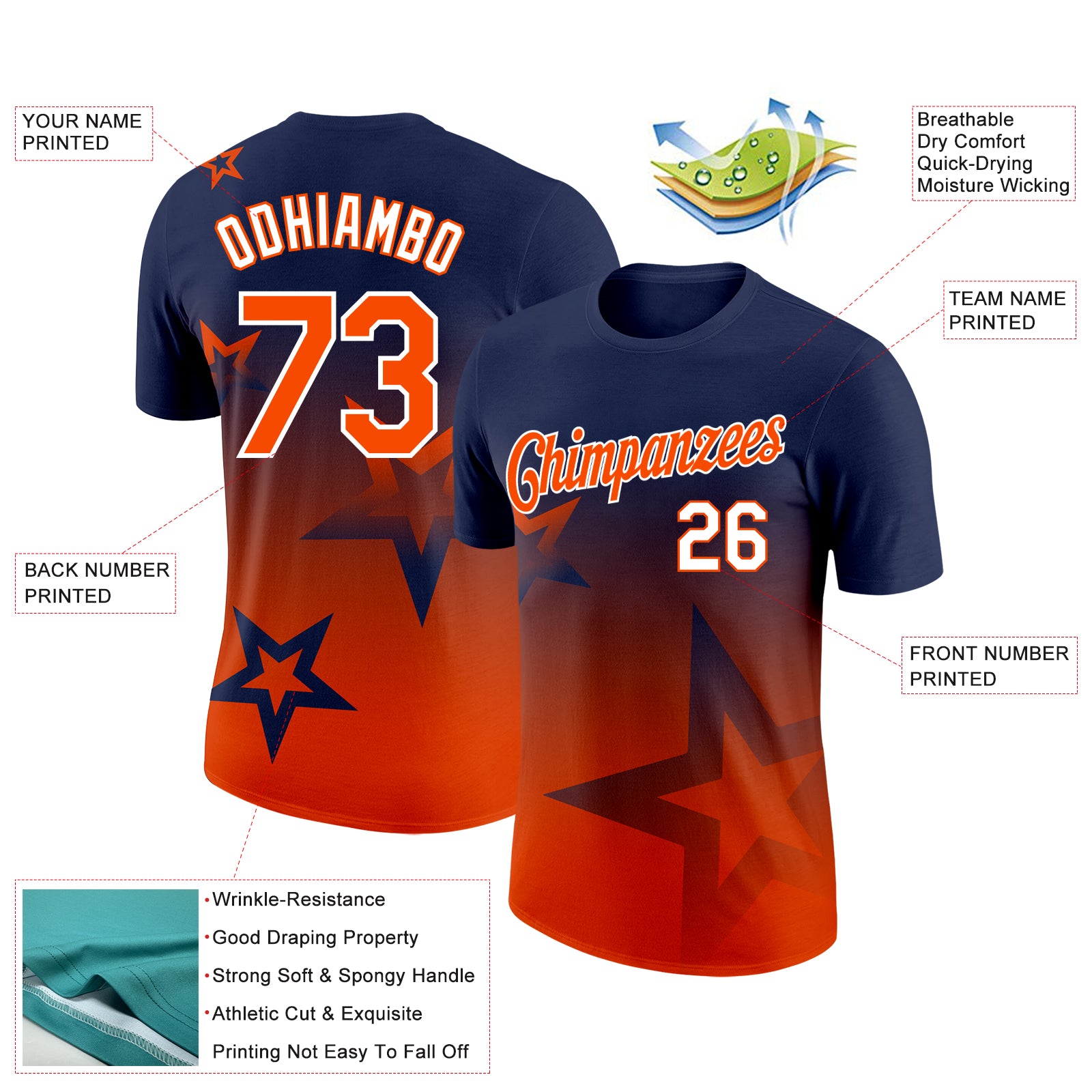 Custom Navy Orange-White 3D Pattern Design Gradient Style Twinkle Star Performance T-Shirt