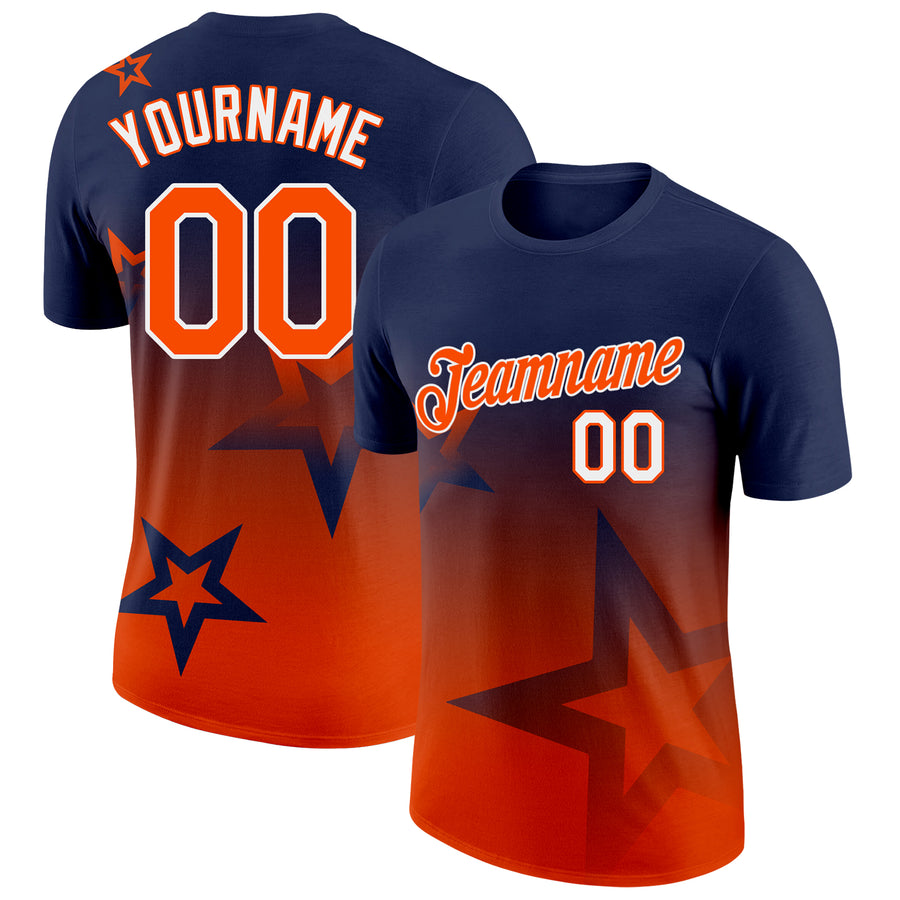 Custom Navy Orange-White 3D Pattern Design Gradient Style Twinkle Star Performance T-Shirt