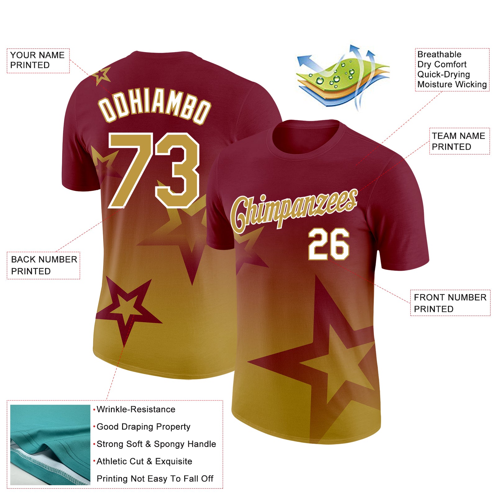 Custom Crimson Old Gold-White 3D Pattern Design Gradient Style Twinkle Star Performance T-Shirt