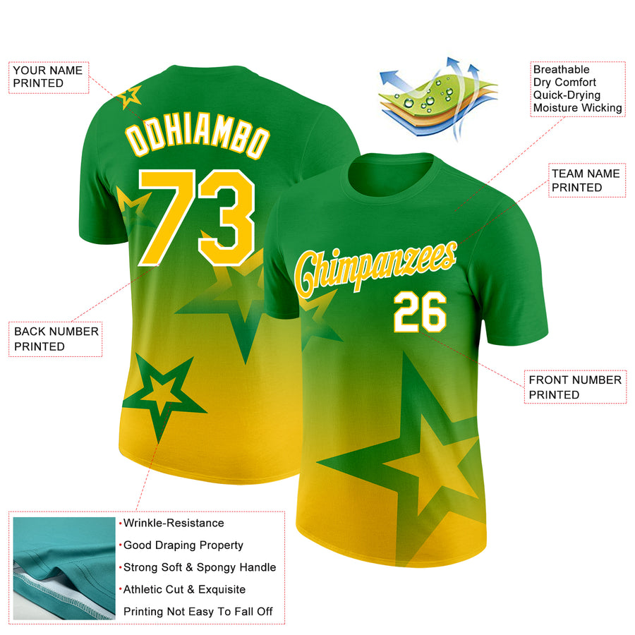 Custom Grass Green Yellow-White 3D Pattern Design Gradient Style Twinkle Star Performance T-Shirt