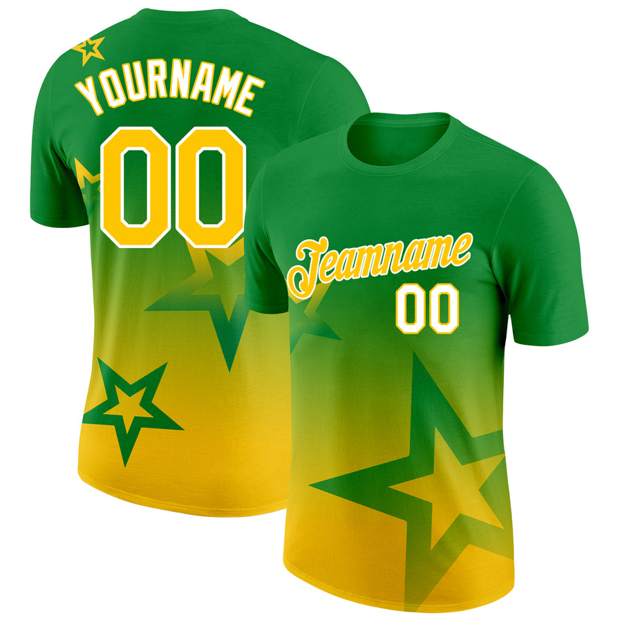 Custom Grass Green Yellow-White 3D Pattern Design Gradient Style Twinkle Star Performance T-Shirt