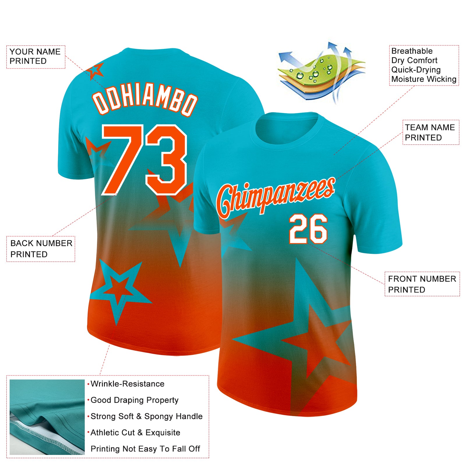 Custom Lakes Blue Orange-White 3D Pattern Design Gradient Style Twinkle Star Performance T-Shirt